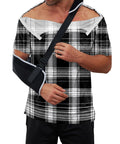 Post Shoulder Surgery Shirt For Men With Easy Snap Front And Tear Away Design in plaid pattern with arm sling detail