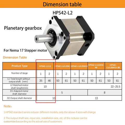 Compact 100 To 1 Precision Planetary Gearbox For NEMA17 Stepper Motors 42mm Flange 10mm Short Output Shaft 5Nm Torque 20 Arcmin Backlash with dimension table