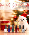 Six Color Nail Polish Set For 4th Of July And Christmas in holiday setting with gifts and dog wearing Santa hat