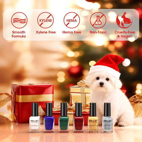 Six Color Nail Polish Set For 4th Of July And Christmas in holiday setting with gifts and dog wearing Santa hat