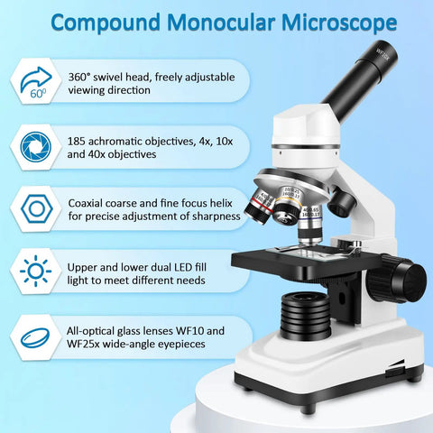 Kids and Adults Microscope With 40x to 2500x Magnification, Dual LED Illumination, 360 Degree Rotating Head, Kid-Friendly Eyepieces and Objective Lenses, Perfect for School Labs and Home Science Projects, white compound monocular microscope with black base