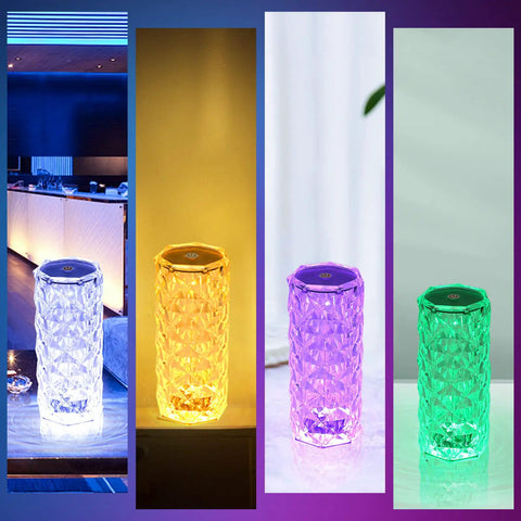 Crystal Rose Touch Desk Lamp With 16 Color Dimmable LED Lights, battery operated small table light showing four vibrant colors.