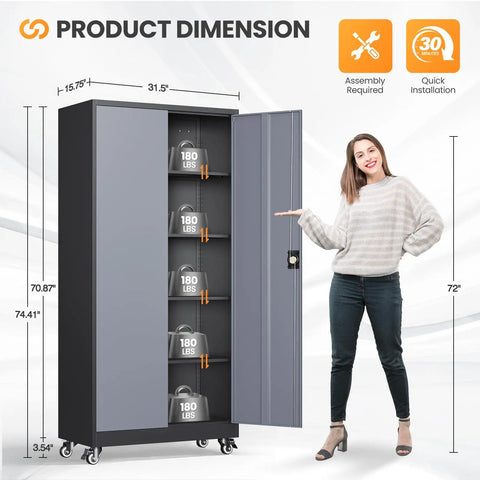 Heavy Duty Rolling Metal Garage Cabinet With Lock, Tall Tool Cabinet On Wheels, shown with open doors and shelves, 75 inch height
