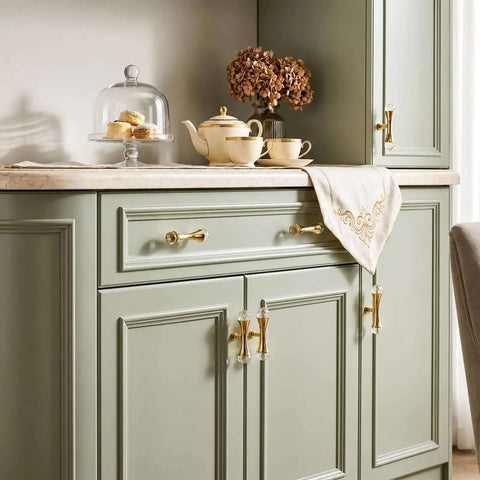 Gold Crystal Drawer Knobs Set Of Four With Jewelry Sparkle, Zinc Alloy Hourglass Cabinet Knobs With Faceted Crystal Ends on green cabinets