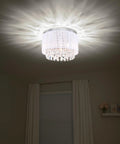 White Cotton Thread Drum Crystal Flush Mount Chandelier 3 Light Ceiling Light Fixture for Bedroom Living Room Foyer Nursery