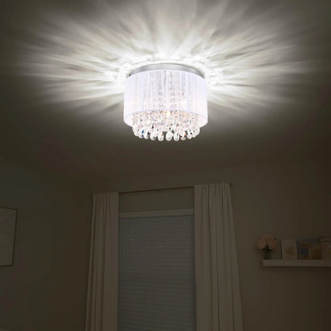 White Cotton Thread Drum Crystal Flush Mount Chandelier 3 Light Ceiling Light Fixture for Bedroom Living Room Foyer Nursery