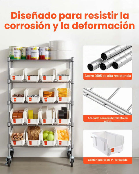 Smooth Rolling Five Tier Heavy Duty Steel Shelving Cart With Sixteen Polypropylene Storage Bins And Clear Label Slots for organized tools and materials.