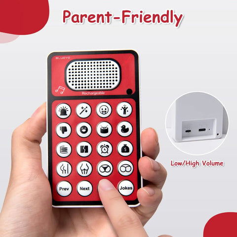 Hand holding Sound Effect Machine For Adults With Remote Control, 16 Hilarious Prank Sounds, USB charging, close-up of buttons.
