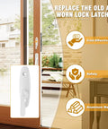 No Sweat Replacement Premium White Sliding Door Thumb Latch For Andersen 200 Series Narroline and Frenchwood Gliding Doors displayed on door.