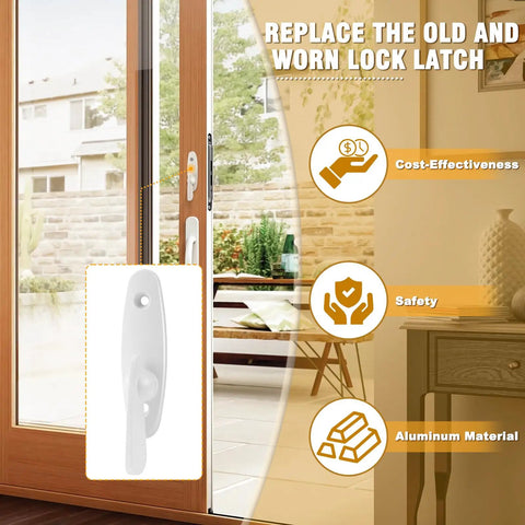 No Sweat Replacement Premium White Sliding Door Thumb Latch For Andersen 200 Series Narroline and Frenchwood Gliding Doors displayed on door.