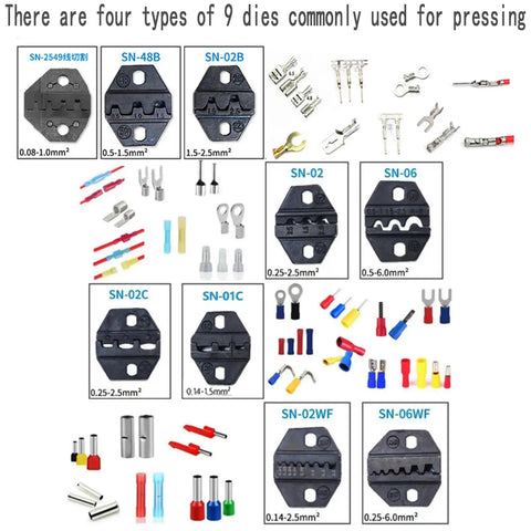 Nine terminal crimping dies for 0.08-6.0mm2 wires, displayed with various connectors and tools. Heavy Duty Electric Terminal Crimping Tool For 0.04-6 Mm2 Wires With Foot Pedal And Led Light Fast Cold Press Crimper For Auto Automotive Wiring Projects Ultimate Pro Grade Handy Gizmo.