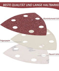 Super Cool 121 PCS Triangle Sanding Discs With Dust Vents And Peel Switch Backing For Fast Tool-Free Swapping showing three triangular sanding pads in different layers.