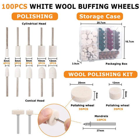 Image showing 100 wool buffing wheels and storage case from All In One Cordless Polishing Kit With 145 Piece Set Includes 100 Wool Buffing Wheels 40 Abrasive Pads USB C Rechargeable Rotary Polisher 5 Speeds 5000 To 20000RPM Pro Grade For Jewelry Cars And Metal Finishing