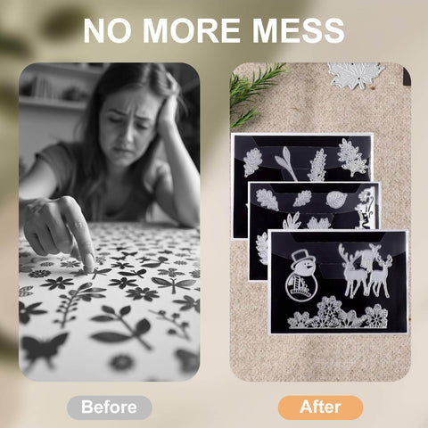 Before and after comparison showing organized die cut storage with 40-Piece Magnetic Sheets For Dies Storage, preventing crafting mess.