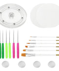 Ultimate Cookie Decorating Setup With 6 Inch Acrylic Turntable, six precision etching picks, and two flexible plates.