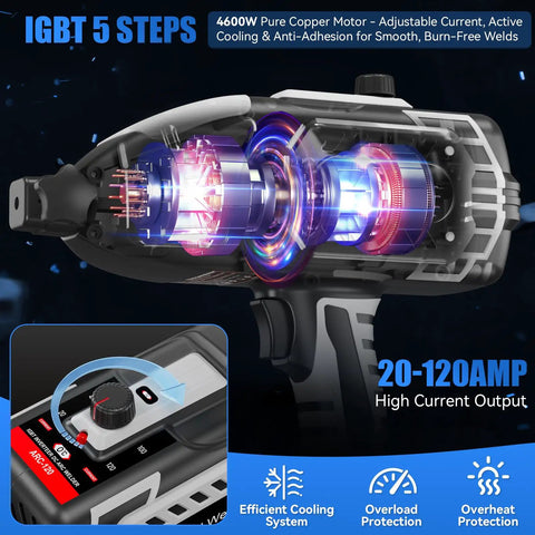 Portable Handheld Welder 110V IGBT Inverter with adjustable ARC gun and efficient cooling system.