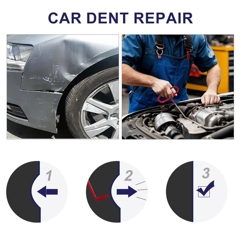 Stainless Steel Pin Puller Tool Set For Auto Repair used for car dent repair with steps and mechanic working in engine bay.