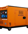 Black Heavy Duty 6300 Watt Diesel Generator Beast With Electric Start And Oil Shutoff Keeping Your Setup Running Through Zero Sweat Power Outages On Job Sites, orange color detail.