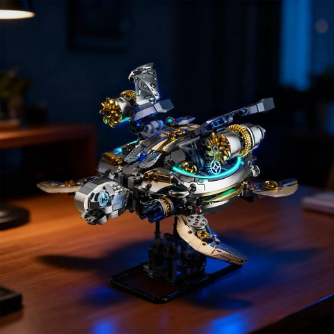 Mechanical Turtle Building Block With Hand Crank And Optional Motor Dual Drive Gear Motion For Adults Teens And Model Enthusiasts Dope Steampunk Educational Construction Set, metal turtle model on display stand