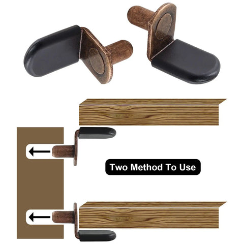 Hella Sturdy 30 Pack Cabinet Shelf Support Pegs Antique Bronze Heavy Duty Furniture Rest Pins showing two installation methods.