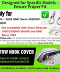 Compatibility instructions for Red Tow Hook Cover for 2020 to 2026 GMC Sierra 2500 3500 HD Tow Hitch Cover.
