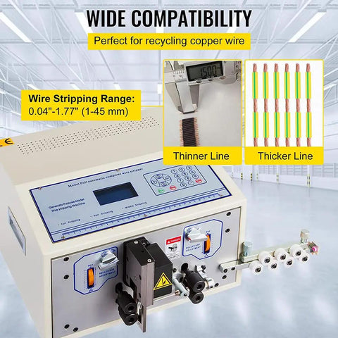 Fully Automatic Wire Cutting Stripping Peeling Machine With Microcomputer Control in factory setting, showing wire size compatibility