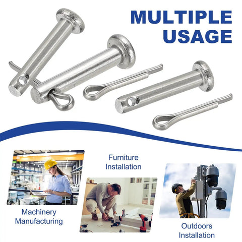 Rock Solid M4x25mm Clevis Pins With 304 Stainless Steel Cotter Pins, Single Hole Flat Head Hitch Fasteners For Trailer And Lawn Mower Jobs, No Sweat Setup 10 Pack on a display with multiple usages.