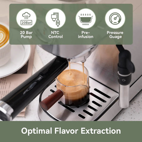 Espresso Machine 20 Bar With Auto Milk Frother And Steam Wand Brewing Coffee with NTC Temperature Control, Stainless Steel Design