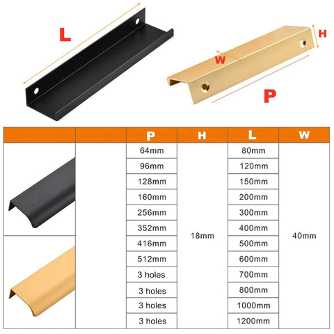 Hidden Cabinet Handle For Drawers And Doors Curved Aluminum Alloy Pull Concealed Door Knob Black Finish 1200mm length dimensions