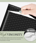 Black Bubble Mailers 4x8 Inch Self Seal Adhesive Padded Envelopes 200 Pack Waterproof With Inner 4x7 Inch Usable Size Boss Quality Shipping Jewelry Makeup Small Biz Packaging showing high viscosity adhesive being peeled open