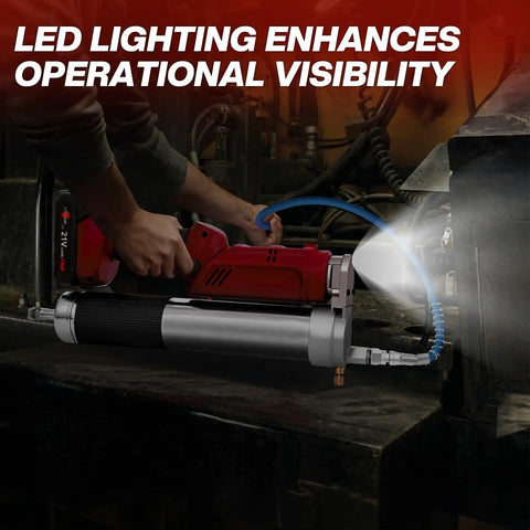 2 In 1 Cordless Electric Grease Gun Kit With 12000 PSI Output in use, bright LED light illuminating work area