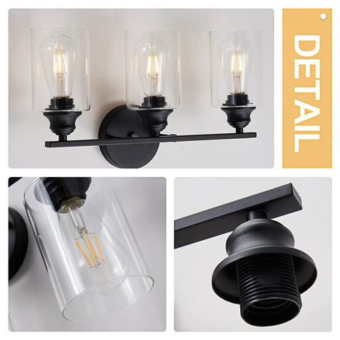 Detail of Black 3 Light Vanity Light Fixture Set With Clear Glass Shades Modern Farmhouse Bathroom Lighting Over Mirror