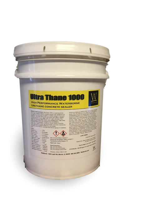 Rock Solid And Hella Durable Single Component Polyurethane Concrete Floor Sealer With UV Stain Resistant Aliphatic Urethane For Top Shelf Clear Protective Finish On Garage Slabs And Microtoppings Five Gallons in a bucket.
