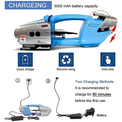 Electric Strapping Machine With 3000mAh Battery No Tool Needed Automatic PP PET Strap Tool Portable Banding Gun shown in blue with charging instructions