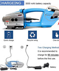 Beast Of A Battery Powered Electric Strapping Machine for PP and PET Straps with charging methods displayed, shown in blue.