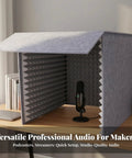 Kickass Desktop Acoustic Soundproof Booth With Thick Foam And Felt Panels For Vocal Recording Podcasts Streams Home Studio Kill Echo Foldable Mic Enclosure on desk with microphone.