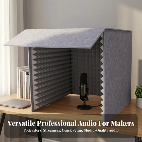 Kickass Desktop Acoustic Soundproof Booth With Thick Foam And Felt Panels For Vocal Recording Podcasts Streams Home Studio Kill Echo Foldable Mic Enclosure on desk with microphone.