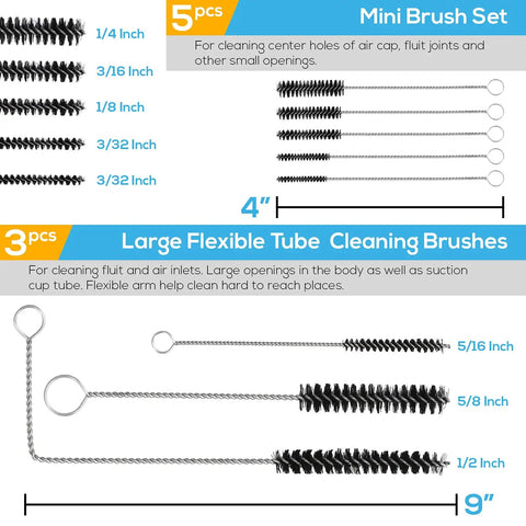 All-In-One Pro-Grade Spray Gun Cleaning Kit With 23-Piece Maintenance Set For HVLP Gravity Suction Detail And Paint Guns, Air Tools And Airbrush, Comprehensive Cleaning Accessories And Sturdy Storage Case Included. 5-piece mini brush set, 4-inch, 1/4 to 3/32 inch