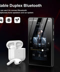 Kid Friendly All In One Bluetooth WiFi MP3 Player With 80GB Storage 4 Inch Touch Screen Android Music Player next to white earbuds