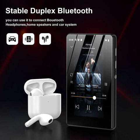 Kid Friendly All In One Bluetooth WiFi MP3 Player With 80GB Storage 4 Inch Touch Screen Android Music Player next to white earbuds