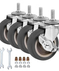 Front view of BAISASY 3-inch threaded stem casters, set of 4 with brakes; includes wrenches and mounting hardware