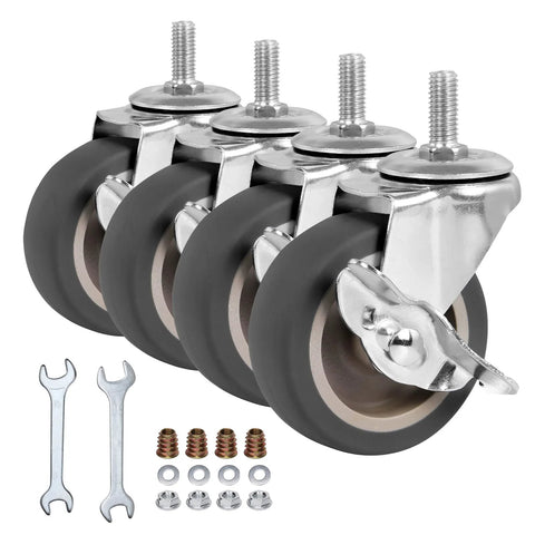 Front view of BAISASY 3-inch threaded stem casters, set of 4 with brakes; includes wrenches and mounting hardware