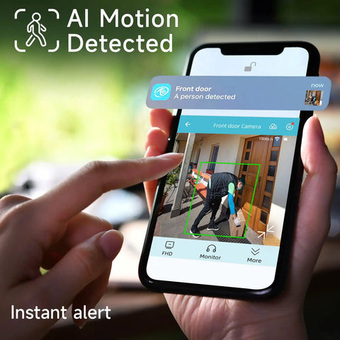 Smartphone displaying app interface of Outdoor Wireless Security Camera Wire Free Spotlight Cam Battery Powered 2K FHD Video AI Motion Detection
