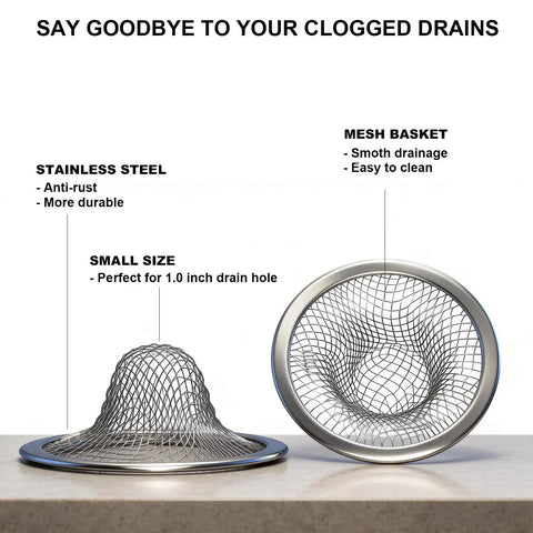 Top Shelf Heavy Duty Stainless Steel Drain Strainer With Hair Catcher For Bathroom And Utility Sink Rust Proof Mesh Filter Basket showing small size mesh design.