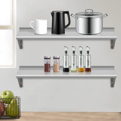 Two Pack Top Tier Wall Mounted Floating Shelves Crafted From Brushed Stainless Steel For Badass Kitchen Bar Restaurant And Hotel Setup With Rock Solid Brackets That Lock Firm And Handle Heavy Loads Daily, displayed with kitchen items.