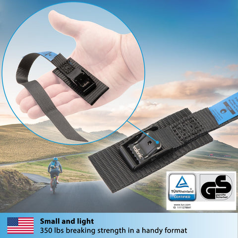 Short Lashing Straps With Padded Webbing, 4 Pack, 1 Ft Each, 350 Lbs Break Strength, Cam Buckle, black strap in hand and on road