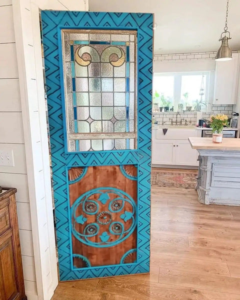 Blue Hand Carved Custom Built Door For Interior Or Exterior Use Antique Barn Style Sliding Or Hinged Door Front Or Pantry Door Sized 71x34 Inches Glass And Hardware Not Included in kitchen setting