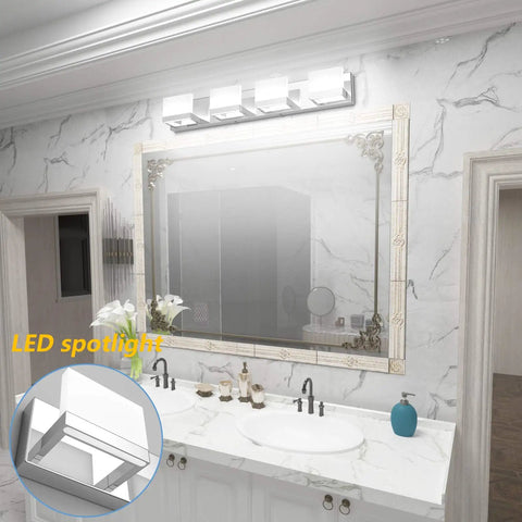 Sleek Four Light LED Vanity Light Chrome Bathroom Fixture With Up And Down Lighting Wall Mount Over Mirror Acrylic Frosted Shade Stainless Steel Finish 6000K Daylight White
