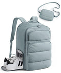 Light blue 35L Travel Backpack For Women That Fits Under The Seat As A Personal Item showcased with shoe compartment and pouch