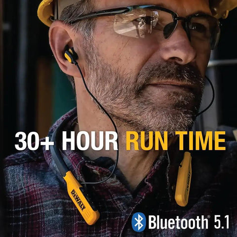 Heavy Duty Bluetooth Neckband Headphones for Jobsite Use with 30 Hour Runtime and Noise Isolation worn by a man at work site